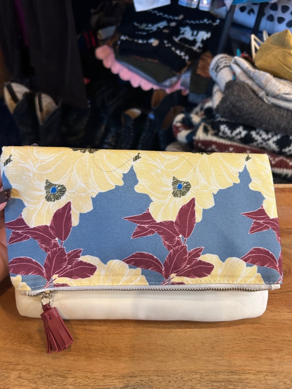 Floral Fold-Over Clutch Bag in Blue, Yellow & Burgundy